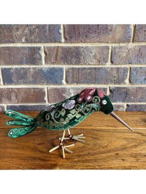 Anke Drechsel Kingfisher Embroidered Velvet Bird Figurine Green Floral Decor